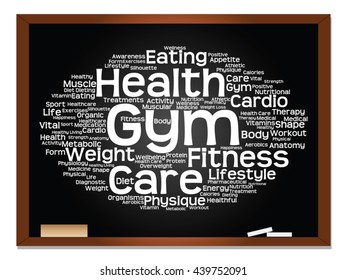 Vector concept or conceptual abstract word cloud on blackboard background, metaphor to health, nutrition, diet, wellness, body, energy, medical, fitness, medical, gym, medicine, sport, heart science
