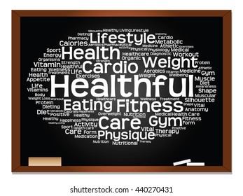 Vector concept or conceptual abstract word cloud on blackboard background, metaphor to health, nutrition, diet, wellness, body, energy, medical, fitness, medical, gym, medicine, sport, heart science