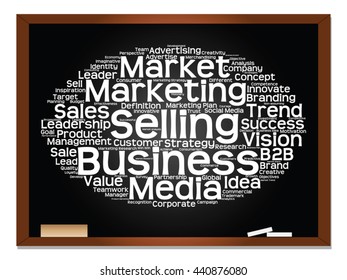 Vector concept or conceptual abstract word cloud on blackboard background as metaphor for business, trend, media, focus, market, value, product, advertising or customer. Also for corporate wordcloud