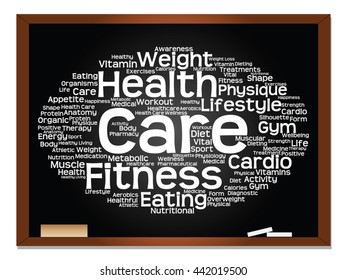 Concepto vectorial o nube conceptual abstracta de palabras en el fondo de la pizarra, metáfora a la salud, la nutrición, la dieta, el bienestar, el cuerpo, la energía, la salud, la aptitud física, la medicina, la medicina, el deporte, la ciencia del corazón