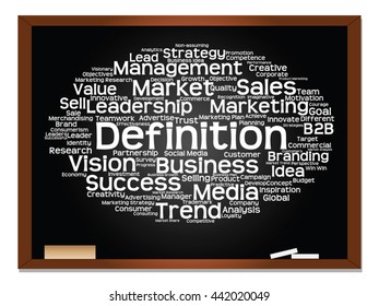 Vector concept or conceptual abstract word cloud on blackboard background as metaphor for business, trend, media, focus, market, value, product, advertising or customer. Also for corporate wordcloud