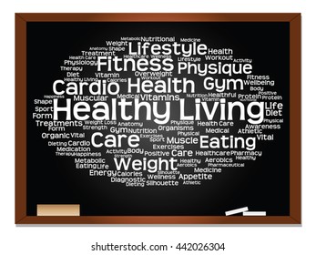 Conceito vetorial ou palavra abstrata conceitual nuvem no fundo de quadro-negro, metáfora para a saúde, nutrição, dieta, bem-estar, corpo, energia, médica, fitness, médica, ginástica, medicina, esporte, ciência do coração