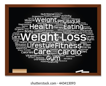 Concepto vectorial o nube conceptual abstracta de palabras en el fondo de la pizarra, metáfora a la salud, la nutrición, la dieta, el bienestar, el cuerpo, la energía, la salud, la aptitud física, la medicina, la medicina, el deporte, la ciencia del corazón