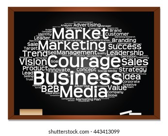 Vector concept or conceptual abstract word cloud on blackboard background as metaphor for business, trend, media, focus, market, value, product, advertising or customer. Also for corporate wordcloud