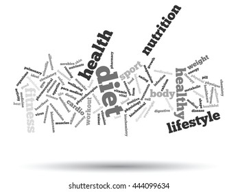Concepto vectorial o nube de palabras abstracta conceptual sobre fondo blanco como metáfora para la salud, la nutrición, la dieta, el bienestar, el cuerpo, la energía, la medicina, la aptitud física, la medicina, la medicina, el deporte, el corazón o la ciencia