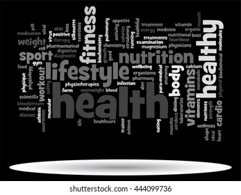 Vector concept or conceptual abstract word cloud on black background as metaphor for health, nutrition, diet, wellness, body, energy, medical, fitness, medical, gym, medicine, sport, heart or science