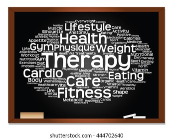 Vector concept or conceptual abstract word cloud on blackboard background, metaphor to health, nutrition, diet, wellness, body, energy, medical, fitness, medical, gym, medicine, sport, heart science