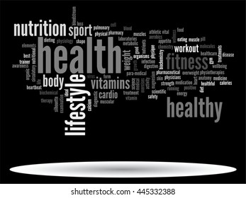 Vector concept or conceptual abstract word cloud on black background as metaphor for health, nutrition, diet, wellness, body, energy, medical, fitness, medical, gym, medicine, sport, heart or science