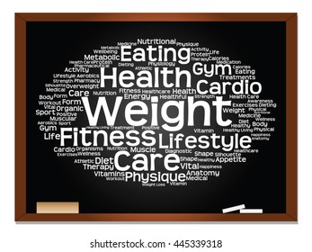 Concepto vectorial o nube conceptual abstracta de palabras en el fondo de la pizarra, metáfora a la salud, la nutrición, la dieta, el bienestar, el cuerpo, la energía, la salud, la aptitud física, la medicina, la medicina, el deporte, la ciencia del corazón