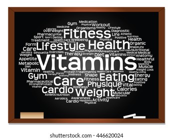 Concepto vectorial o nube conceptual abstracta de palabras en el fondo de la pizarra, metáfora a la salud, la nutrición, la dieta, el bienestar, el cuerpo, la energía, la salud, la aptitud física, la medicina, la medicina, el deporte, la ciencia del corazón