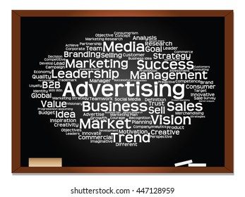 Vector concept or conceptual abstract word cloud on blackboard background as metaphor for business, trend, media, focus, market, value, product, advertising or customer. Also for corporate wordcloud