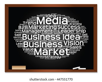 Vector concept or conceptual abstract word cloud on blackboard background as metaphor for business, trend, media, focus, market, value, product, advertising or customer. Also for corporate wordcloud