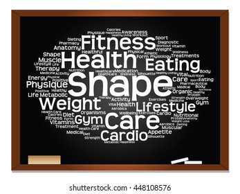 Vektorkonzept oder konzeptuell abstrakte Wortwolke auf schwarzem Hintergrund, Metapher für Gesundheit, Ernährung, Ernährung, Wellness, Körper, Energie, Medizin, Fitness, Medizin, Medizin, Sport, Herzwissenschaft