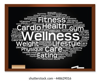 Vector concept or conceptual abstract word cloud on blackboard background, metaphor to health, nutrition, diet, wellness, body, energy, medical, fitness, medical, gym, medicine, sport, heart science
