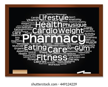 Vector concept or conceptual abstract word cloud on blackboard background, metaphor to health, nutrition, diet, wellness, body, energy, medical, fitness, medical, gym, medicine, sport, heart science