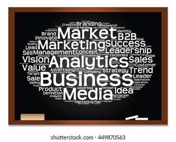 Vector concept or conceptual abstract word cloud on blackboard background as metaphor for business, trend, media, focus, market, value, product, advertising or customer. Also for corporate wordcloud