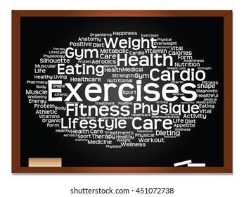Vector concept or conceptual abstract word cloud on blackboard background, metaphor to health, nutrition, diet, wellness, body, energy, medical, fitness, medical, gym, medicine, sport, heart science