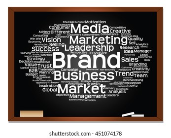 Vector concept or conceptual abstract word cloud on blackboard background as metaphor for business, trend, media, focus, market, value, product, advertising or customer. Also for corporate wordcloud