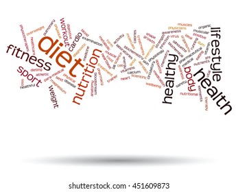 Concepto vectorial o nube de palabras abstracta conceptual sobre fondo blanco como metáfora para la salud, la nutrición, la dieta, el bienestar, el cuerpo, la energía, la medicina, la aptitud física, la medicina, la medicina, el deporte, el corazón o la ciencia