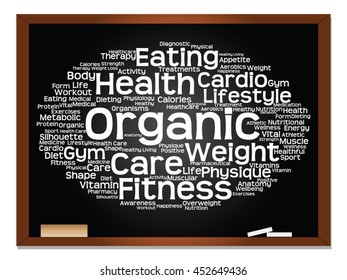 Concepto vectorial o nube conceptual abstracta de palabras en el fondo de la pizarra, metáfora a la salud, la nutrición, la dieta, el bienestar, el cuerpo, la energía, la salud, la aptitud física, la medicina, la medicina, el deporte, la ciencia del corazón