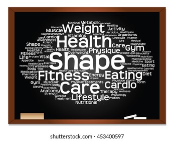 Vector concept or conceptual abstract word cloud on blackboard background, metaphor to health, nutrition, diet, wellness, body, energy, medical, fitness, medical, gym, medicine, sport, heart science