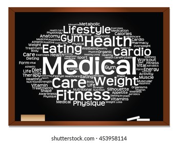 Vector concept or conceptual abstract word cloud on blackboard background, metaphor to health, nutrition, diet, wellness, body, energy, medical, fitness, medical, gym, medicine, sport, heart science