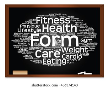 Vector concept or conceptual abstract word cloud on blackboard background, metaphor to health, nutrition, diet, wellness, body, energy, medical, fitness, medical, gym, medicine, sport, heart science