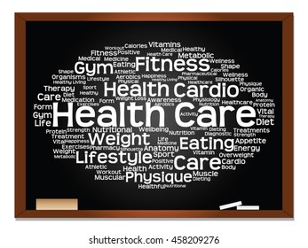 Concepto vectorial o nube conceptual abstracta de palabras en el fondo de la pizarra, metáfora a la salud, la nutrición, la dieta, el bienestar, el cuerpo, la energía, la salud, la aptitud física, la medicina, la medicina, el deporte, la ciencia del corazón