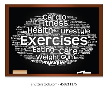 Vector concept or conceptual abstract word cloud on blackboard background, metaphor to health, nutrition, diet, wellness, body, energy, medical, fitness, medical, gym, medicine, sport, heart science