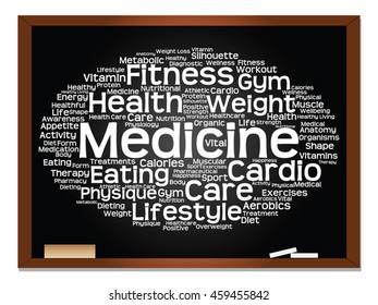 Vector concept or conceptual abstract word cloud on blackboard background, metaphor to health, nutrition, diet, wellness, body, energy, medical, fitness, medical, gym, medicine, sport, heart science