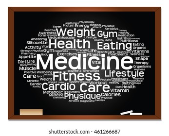 Vector concept or conceptual abstract word cloud on blackboard background, metaphor to health, nutrition, diet, wellness, body, energy, medical, fitness, medical, gym, medicine, sport, heart science