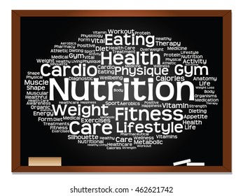 Concepto vectorial o nube conceptual abstracta de palabras en el fondo de la pizarra, metáfora a la salud, la nutrición, la dieta, el bienestar, el cuerpo, la energía, la salud, la aptitud física, la medicina, la medicina, el deporte, la ciencia del corazón