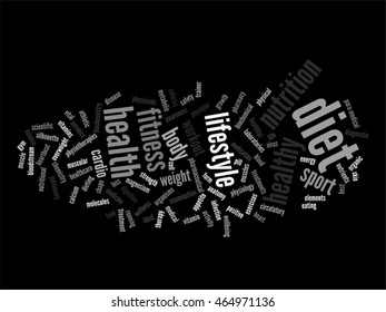 Concepto vectorial o nube de palabras abstracta conceptual sobre fondo negro como metáfora para la salud, la nutrición, la dieta, el bienestar, el cuerpo, la energía, la medicina, la aptitud física, la medicina, la medicina, el deporte, el corazón o la ciencia