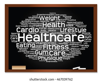 Vector concept or conceptual abstract word cloud on blackboard background, metaphor to health, nutrition, diet, wellness, body, energy, medical, fitness, medical, gym, medicine, sport, heart science