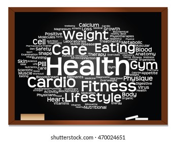 Vector concept or conceptual abstract word cloud on blackboard background, metaphor to health, nutrition, diet, wellness, body, energy, medical, fitness, medical, gym, medicine, sport, heart science