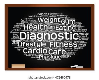 Conceito vetorial ou palavra abstrata conceitual nuvem no fundo de quadro-negro, metáfora para a saúde, nutrição, dieta, bem-estar, corpo, energia, médica, fitness, médica, ginástica, medicina, esporte, ciência do coração
