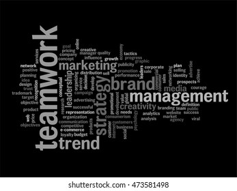 Vector concept or conceptual abstract word cloud on black background as metaphor for business, trend, media, focus, market, value, product, advertising or customer. Also for corporate wordcloud