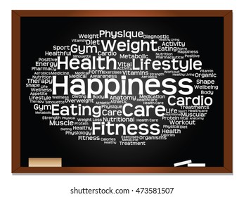 Vector concept or conceptual abstract word cloud on blackboard background, metaphor to health, nutrition, diet, wellness, body, energy, medical, fitness, medical, gym, medicine, sport, heart scienc