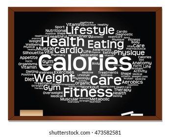 Concepto vectorial o nube conceptual abstracta de palabras en el fondo de la pizarra, metáfora a la salud, la nutrición, la dieta, el bienestar, el cuerpo, la energía, la salud, la aptitud física, la medicina, la medicina, el deporte, la ciencia del corazón