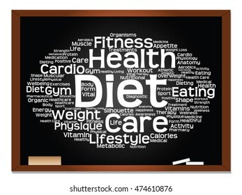 Vector concept or conceptual abstract word cloud on blackboard background, metaphor to health, nutrition, diet, wellness, body, energy, medical, fitness, medical, gym, medicine, sport, heart science