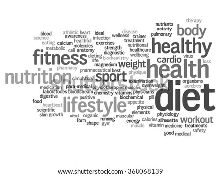 Vector concept or conceptual abstract word cloud on white background as metaphor for health, nutrition, diet, wellness, body, energy, medical, fitness, medical, gym, medicine, sport, heart or science