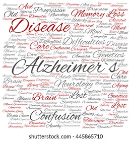 Concepto vectorial Enfermedad de Alzheimer sintetiza nube de palabras cuadradas aislada en el fondo, metáfora al cuidado, pérdida, cuidado, envejecimiento, resistencia, neurología, viejo, idioma, motor o resistencia