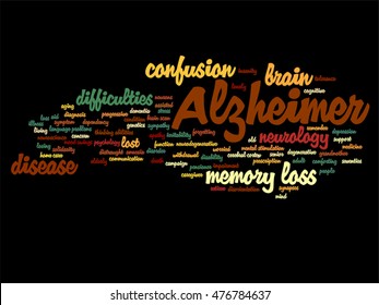 Vector concept conceptual Alzheimer`s disease symtoms abstract word cloud isolated on background metaphor to care, loss, caregiving, aging, resistance, neurology, old, language, motor or resistance