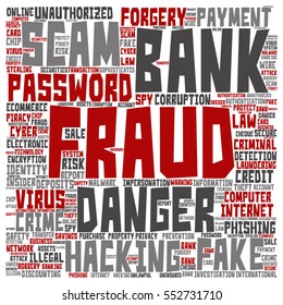 Concepto vectorial o fraude bancario conceptual estafa de pago peligro palabra clave nube aislada en metáfora de fondo a hackeo de contraseña, virus, crimen de autenticación falsa, robo de identidad de transacción ilegal