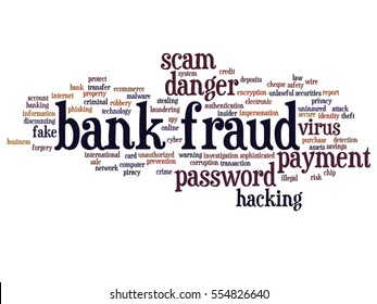 Concepto vectorial o fraude bancario conceptual estafa de pago peligro abstracto de la nube de palabras aisladas en la metáfora de fondo al hackeo de contraseñas, crimen de autenticación falsa de virus, robo de identidad de transacción ilegal