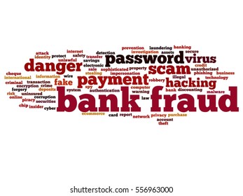 Vector concept or conceptual bank fraud payment scam danger abstract word cloud isolated on background metaphor to password hacking, virus fake authentication crime, illegal transaction identity theft