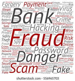Concepto vectorial o fraude bancario conceptual estafa de pago peligro palabra clave nube aislada en metáfora de fondo a hackeo de contraseñas, virus crimen de autenticación falsa, robo de identidad de transacción ilegal