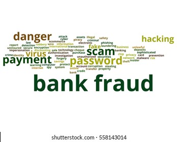 Vector concept or conceptual bank fraud payment scam danger abstract word cloud isolated on background metaphor to password hacking, virus fake authentication crime, illegal transaction identity theft