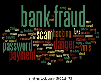 Vector concept or conceptual bank fraud payment scam danger abstract word cloud isolated on background metaphor to password hacking, virus fake authentication crime, illegal transaction identity theft