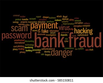 Vektor-Konzept oder konzeptionelle Bankbetrügereien Fälschungsabstrakte Gefahr abstrakte Wortwolke einzeln auf der Hintergrundmetapher für Passwort-Hacking, Verbrechen gegen die Fälschung von Viren, illegaler Identitätsdiebstahl von Transaktionen